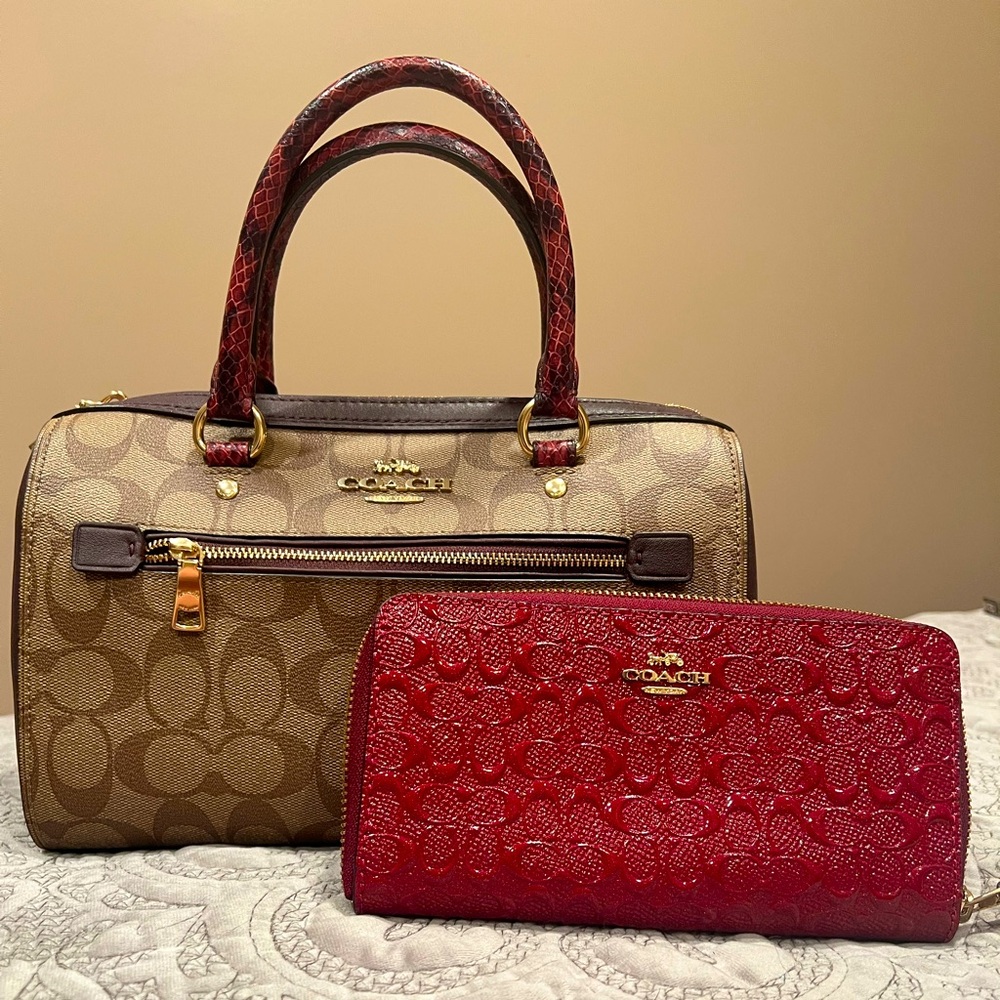Coach purse and signature Brown lettering with red accents, including wallet
